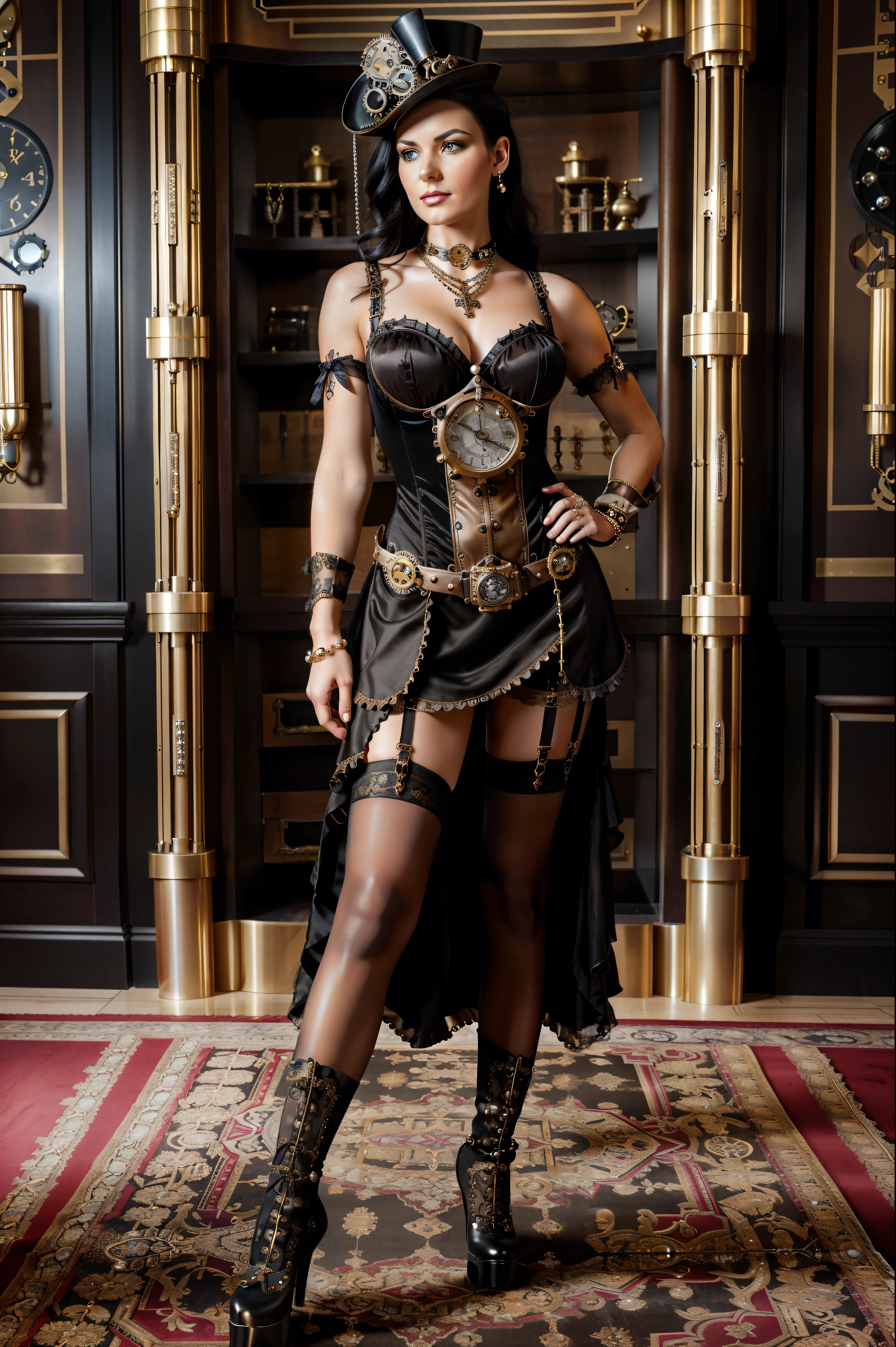 ((Masterpiece)), a beautiful African woman (Milla Jovovich:Lupita Nyong'o:0.5), brown-black hair, ((natural hair)), high detail steampunk lingerie and garter belt, cleavage, legs, steampunk leather boots, at the helm of a steampunk airship, (UHD, 8K wallpaper, High resolution), Cinematic lighting, award-winning, extremely detailed skin, extra detailed face, high detail eyes, photo-realistic, Zeiss 85 mm F/1.4, by Ellen von Unwerth, from behind