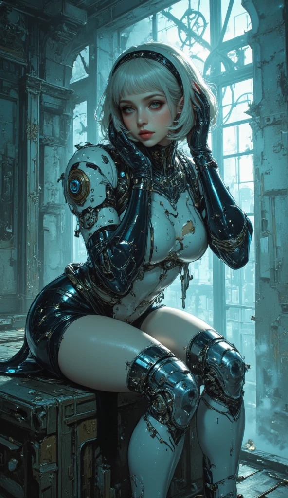 Retrofuturistic cyborg woman with neon lights ,many mechanical parts , white hair ,big , cyberpunk style,synthwave colors,another planet,robot face,terminator style,realist,very big breast, oily skin, wet,undersized white cotton top,