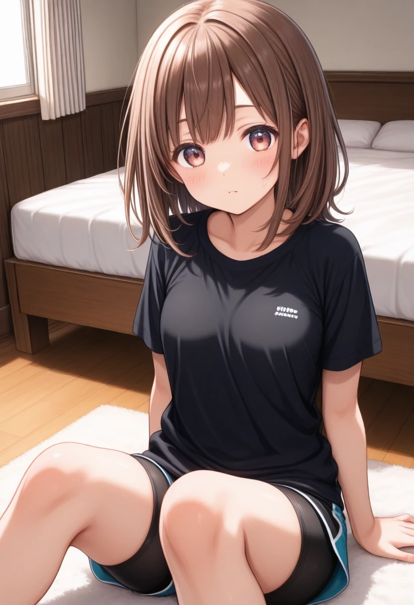 1 futanari girl:1.3, alone, Long Hair, Super large , Show Viewer, blush, Brown Hair, shirt, bow, Twin tails, Brown eyes,, indoor, erection:1.3,Extended period, futanari:1.4, erection under clothes:1.5,shirai kuroko,Super large ,Detailed badminton wear、Mischievous Smile