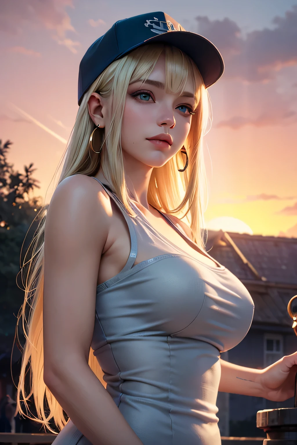 (ultra realistic,32k, masterpiece:1.2),(high detailed skin:1.1),( high quality:1.1),
<lora:klaudia_valentz:0.8>klaudia_valentz,rolling eyes, long hair,blonde hair, braid, hairband, ribbon, hair bow, tank top, tank halter, leggings, city park, palms, sunshine, blurry background,, huge breast,large breast,(looking at viewer, squatting:1.1),, <lora:add_detail:0.76>,
(soft shaded:1.1),