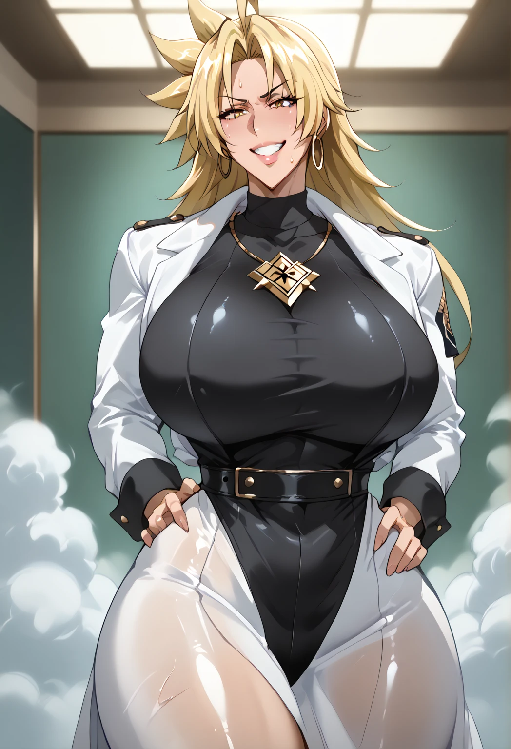-artwork- -4k- -high quality- a completely white entity, bright white hair, light blue eyes, no human features, sexy female body, big breasts, big butt, big waist, red horns, wearing a yellow blouse , white medical coat, black pants, hair tied, wearing glasses, with a worried expression, entering the patient room