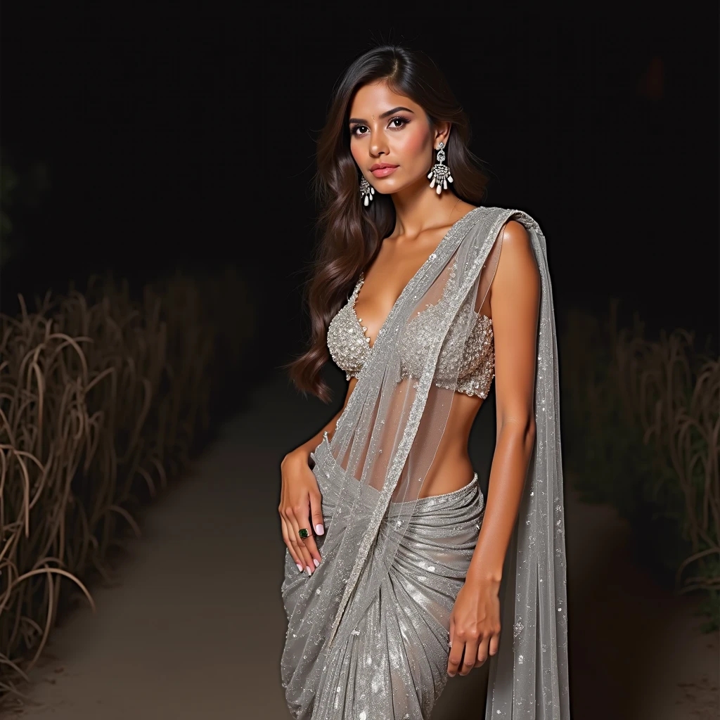 a close up of a woman in a silver sari posing for a picture, draped in shiny gold and silver, indian super model, stunning elegant pose, gorgeous woman, draped in flowing fabric, elegant fashion model, portrait of sherlyn chopra, draped in silky gold, captivating and enticing, draped in velvet and flowers, draped in silk, very attractive and beautiful