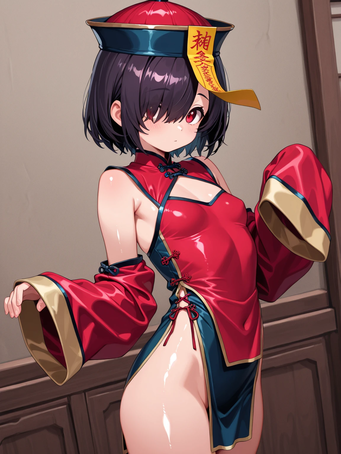 (HD, Sharp, Fractal), 1 woman, short hair, Super Glossy Skin, Evil Dancer, (crotch tattoo:1.1), designed tight, cameltoe, erect nipples, smile, lips, puckered lips, standing, blindfold, Black turtleneck, slit skirt bow, white leotard, feather-trimmed sleeves, gloves, thigh boots, no underwear