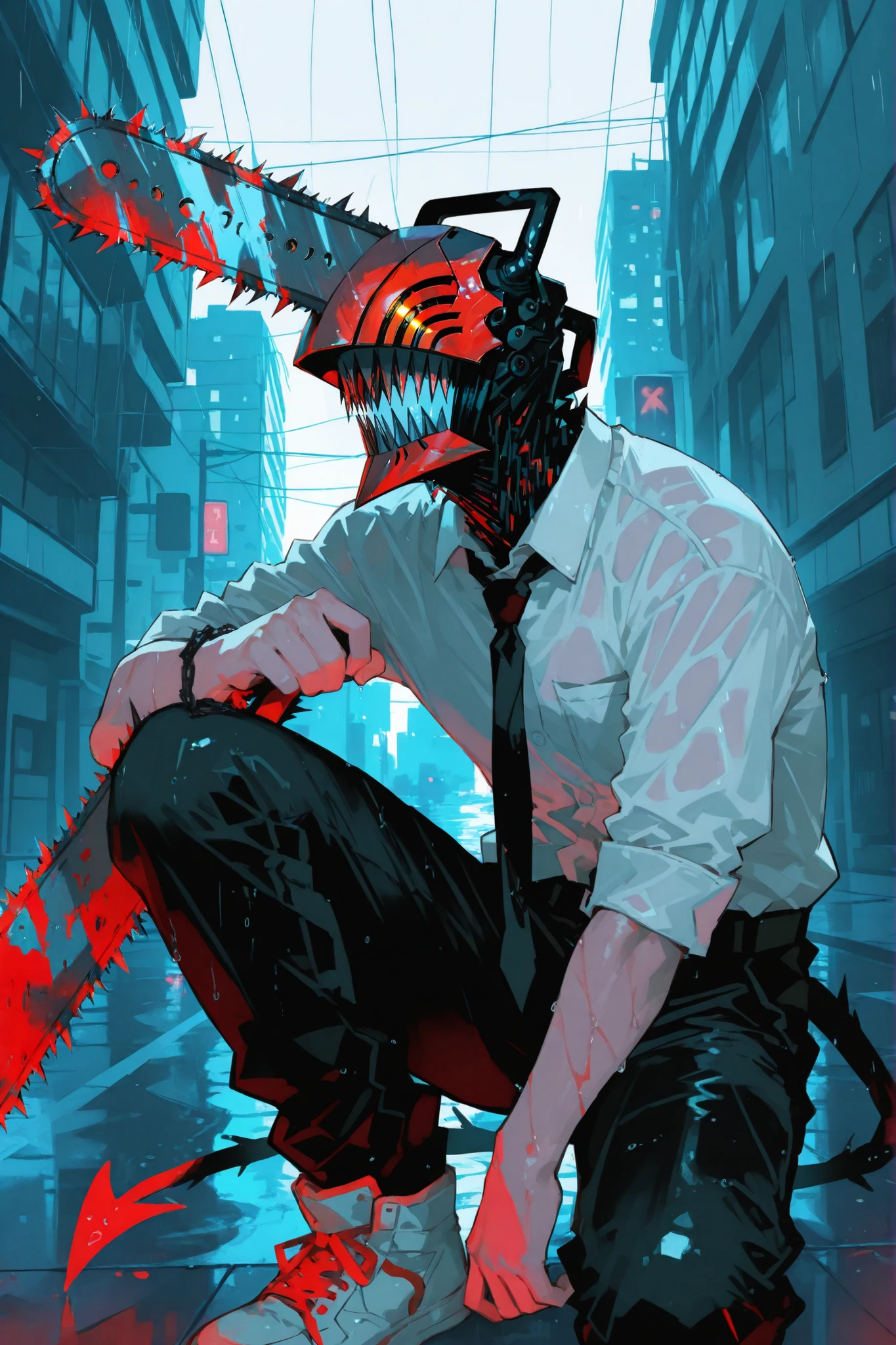 (masterpiece, best quality:1.2), cowboy shot, solo, male focus, 1boy, chainsaw man, chainsaw, sharp teeth, open mouth, tongue, collared shirt, black necktie, sleeves rolled up, black pants, belt