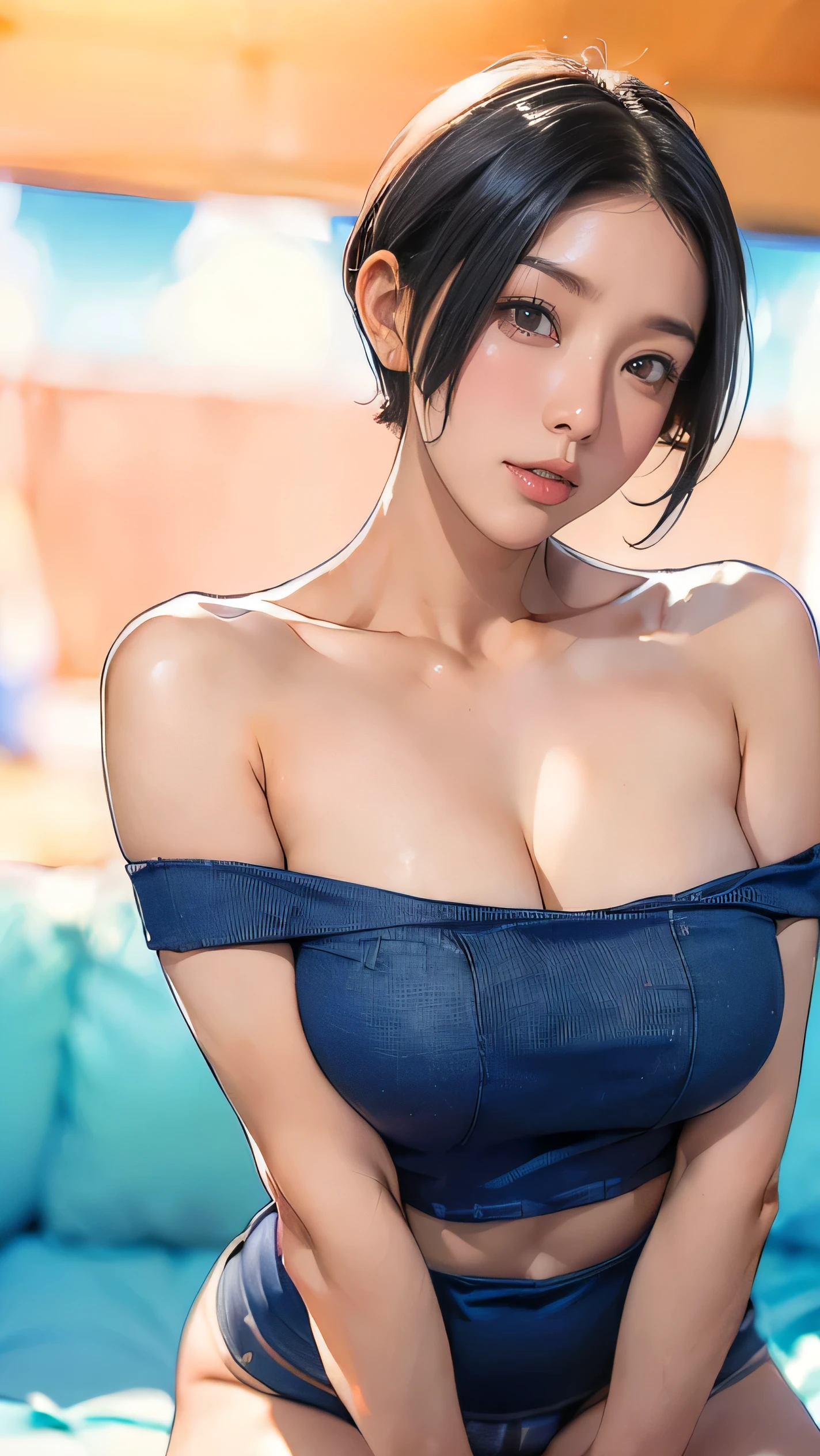 1girl, natural lighting, masterpiece, highly detailed, illustration, game CG, absurdres, high quality, aichan, (large breasts), beautiful detailed eyes, short hair, ponytail, bangs, glossy lips, garden, tight halter-top dress, cleavage