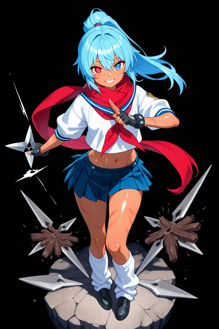A warrior girl, she only has one eye in a bra and skirt showing her little white face, using a sword in a retrowave setting