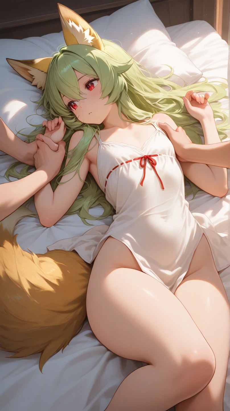 mitsuri kanroji,sleeping, body covered with blanket,sleepy, sleeping,feets,red nails,red underwear,abs, laying on bef, head on pillow,sexy,large breasts, smiling ,blush on face,fidgets with her legs,red thongs,lying on its side