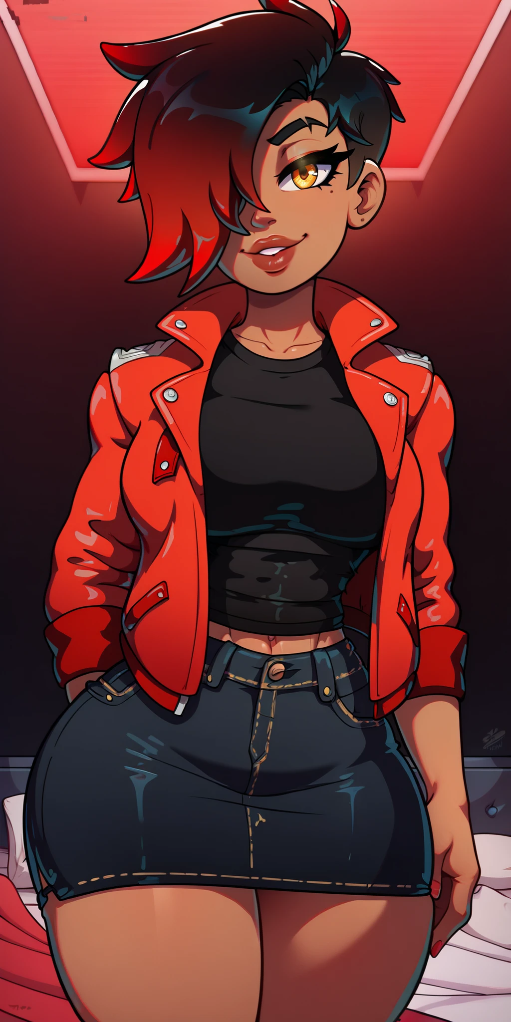 4K Quality, (black tomboy), (sexy smile), (black and red gradient hair cover one eye), thin eyebrows, ((dark skinned)), ((black denim skirt, black shirt, and red jacket)), toned body, wide hips, (thick thighs), big breasted, (big ass), (facing the viewer), (full lips), ((perfect amber eyes)), (cowboy shot), (red neon bed room), night time city background,