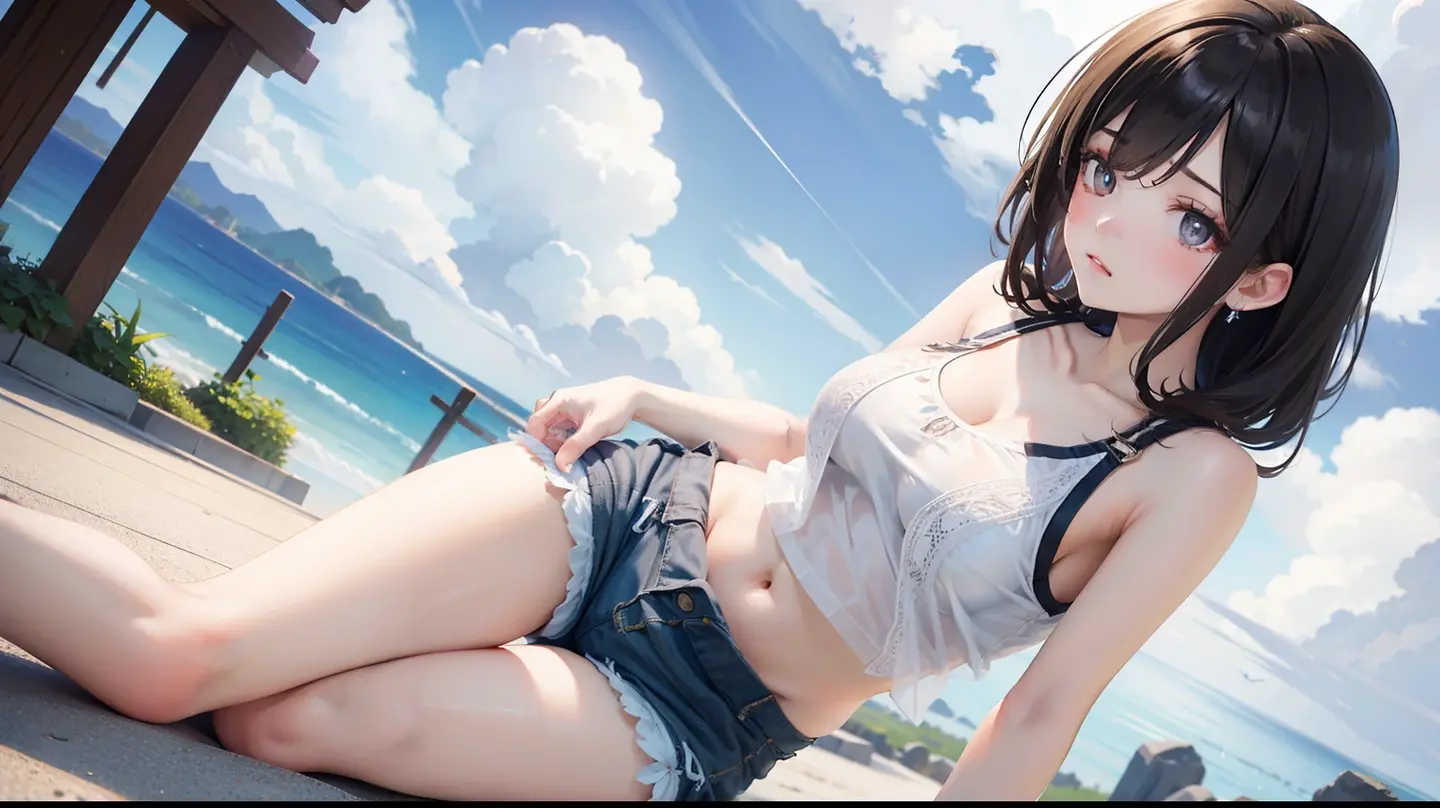 1 girl, medium light black hair, light blue eyes, wearing Sexy outfit , sea , Sexy , high res, ultrasharp, 8K, masterpiece, Looking from the front 18+