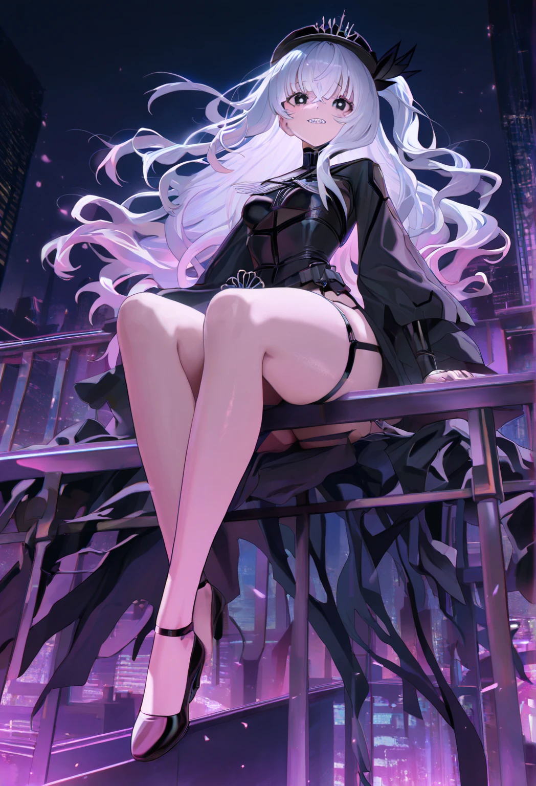 1girl, black_footwear, black_legwear, boots, crossed_legs, high_heel_boots, high_heels, long_hair, looking_at_viewer, purple_eyes, silver_hair, sitting, smile, solo, thighhighs, very_long_hair, gothic dress, Gothic Style, raised eyebrows,arrogant expression, sexy, mature woman