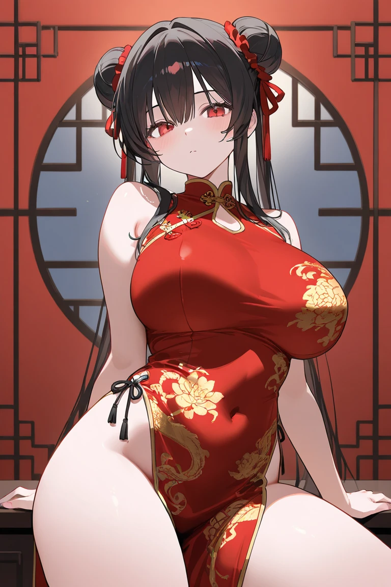 masterpiece,high quality,1girl,solo,looking at viewer,ultra_detailed,long hair,breasts,looking at viewer,large_breasts,black hair,red eyes,black dress,holding,bare shoulders,standing,full body,black gloves,covered navel,chinese clothes,black high heels,china dress,black pantyhose,pelvic curtain,