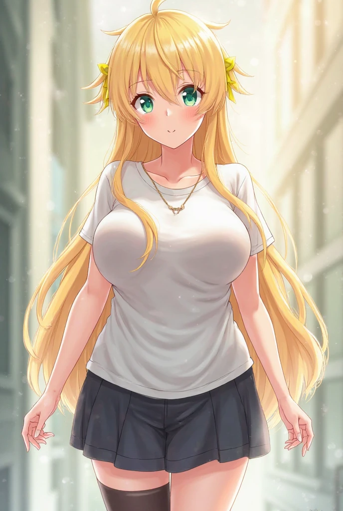 masterpiece, best quality, highres, nakiri erina, blonde hair, purple eyes, long hair, large breasts, oversized cool t shirt, stocking, cleveage, belt, short jeans pants, owboy shot, standing, looking at viewer, city road, outdoor, modern city road, blush, shy, smile, show teeth, sexy pose,