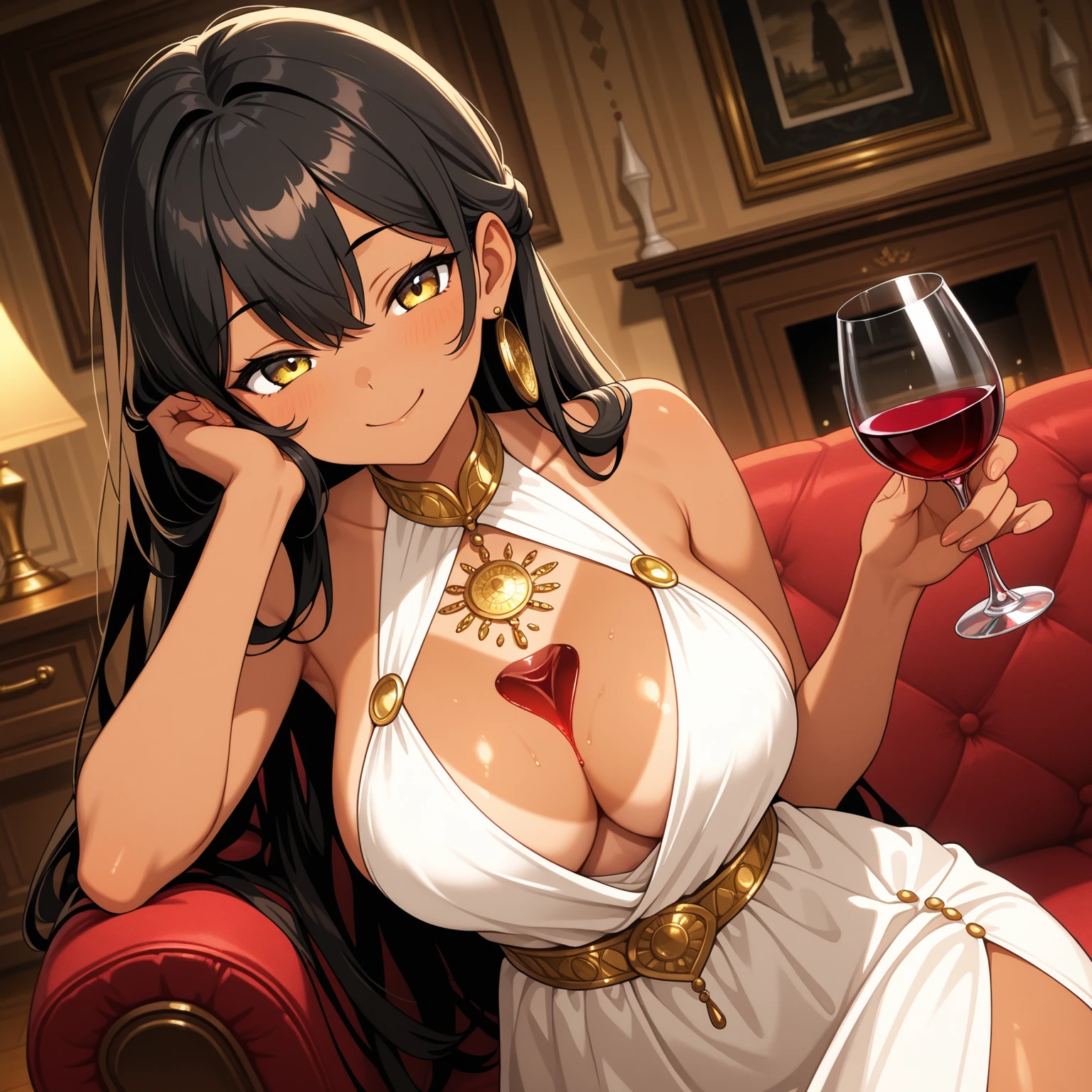 rich beautiful woman, very short and thin silver dress, there is no chain or rope to hold the silver dress, gold earrings, gold cross necklace, 20 years old, tall, short black hair, green eyes, drinking glass in hand, at the prom party, sitting in a comfortable chair, 8K Image Quality