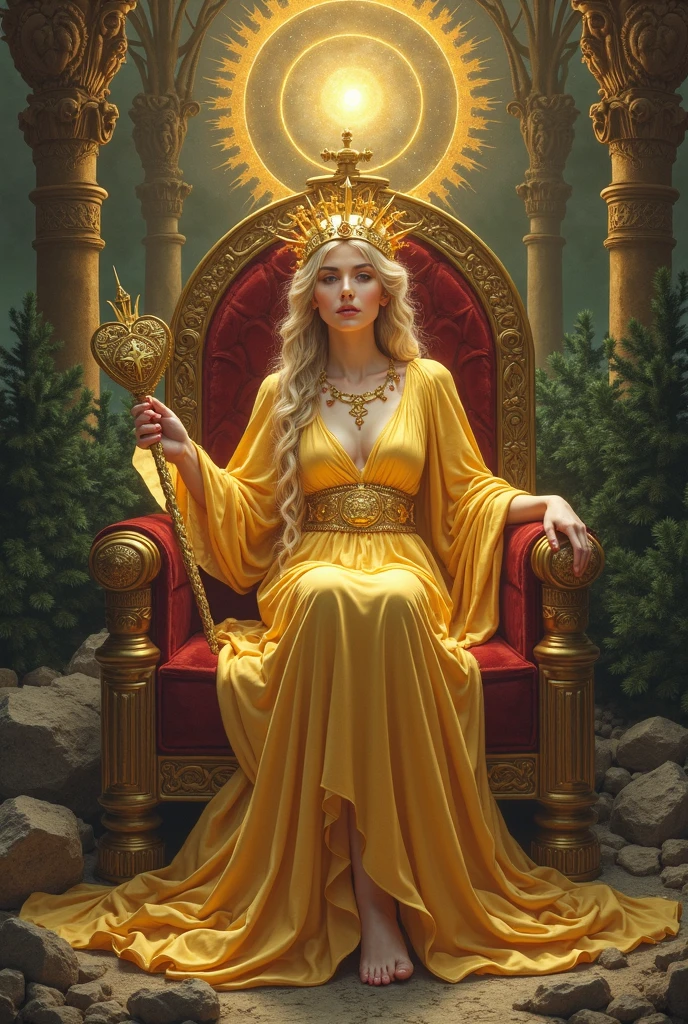 a woman dressed as a sorceress, long emerald yellow robe. with a setro in her hand, with her crown on her head, perched on a beautiful throne, behind her she has a portal open to another dimension.