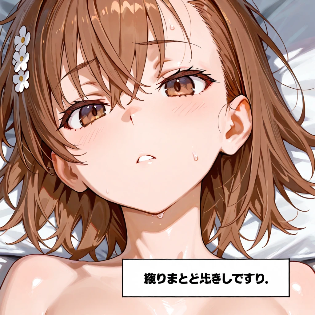 takeuchimimi, brown hair, hair bun, hair up, hair scrunchie, black scrunchie, polka dot, hair between eyes, short hair, sidelocks, pink eyes,, , empty eyes , large breasts, solo, nsfw, nipple, ride a bicycle