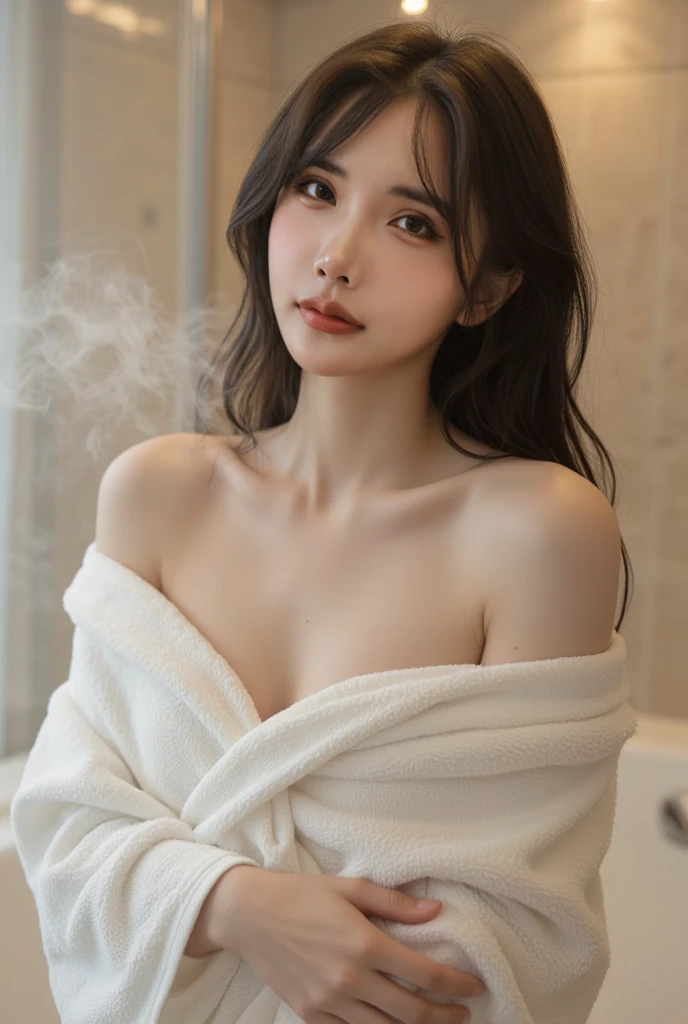 (8k, best quality, masterpiece:1.2), (realistic, photo-realistic:1.37), ultra-detailed, 1 girl, large breasts, beautiful detailed eyes, she's wrapped in a sheet of white towel, blushing, nervous, embarrassed, a bathroom, full body