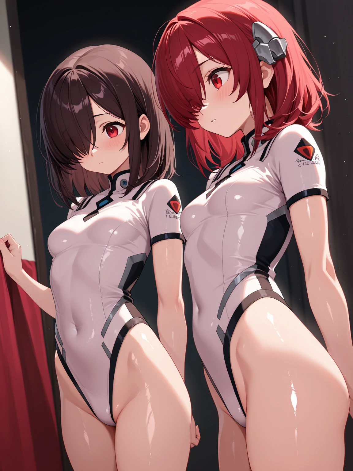 NSFW, (4+girls:1.5), (nude), tanned skin, dark tanned skin, oil, (muscular:0.7), thin waist, (abs:1.3), tan lines, medium breast, dynamic poses, lesbian interactions, sexual interactions, girls playing together, removing clothes, strip tease, sexual tension, squeezing boobs, grabbing ass, masterpiece, top quality, ultra high definition, highest resolution, very detailed, perfect face, professional lighting, clean skin, CG illustration, slender, very cute, young face, underboob, cleavage, lower breast, wet body, (breasts out:1.4), different hair colors, short hair, pixie haircut, semi-long hair, different hair cuts, hair ribbon, blush, navel, point of view from behind, from below, wet body, (breasts out: 1.4), (plastic bag 1.2), transparent swimsuit, pool, cyberpunk, cyberpunk background, neons, blue and purple lights, (wind: 1.3), girls playing behind, showing ass, perfect ass, black necklace choker, nude, naked, lifting jacket, saturated colors
