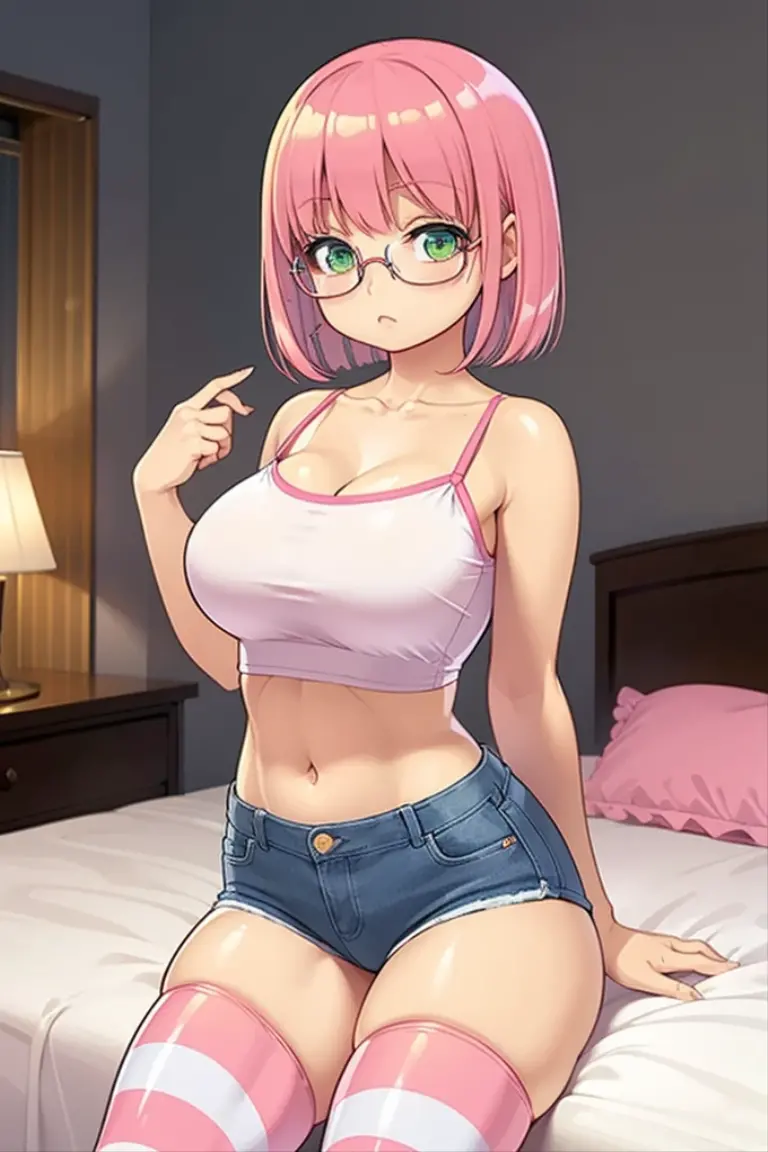 (masterpiece, best quality), 1girl, large breasts, small hips, green eyes, pink hair, tube top, crop-top overhang denim shorts, bedroom, striped thighhighs, pervert, petite, glasses, Shuz, pubic tattoo, rounded belly, body writing