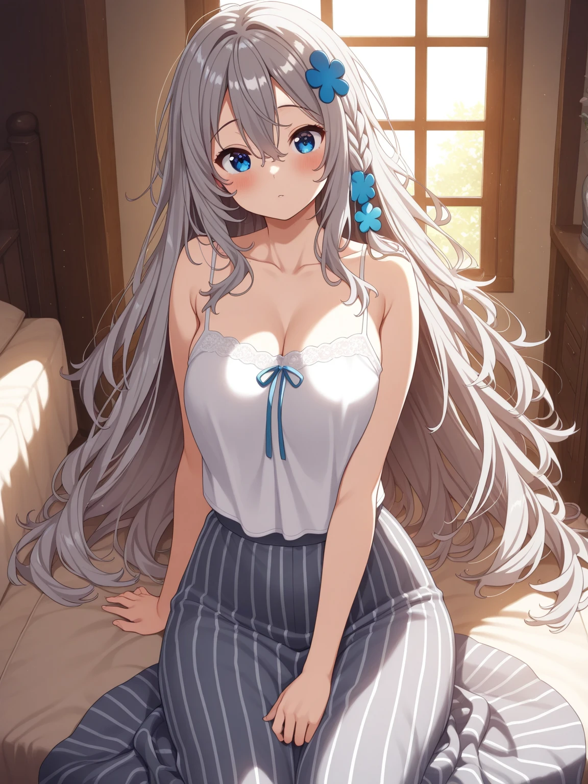  female，silver hair，blue eyes，short camisole，crop shirt，long hair，breast，white，Art， anime，illustration