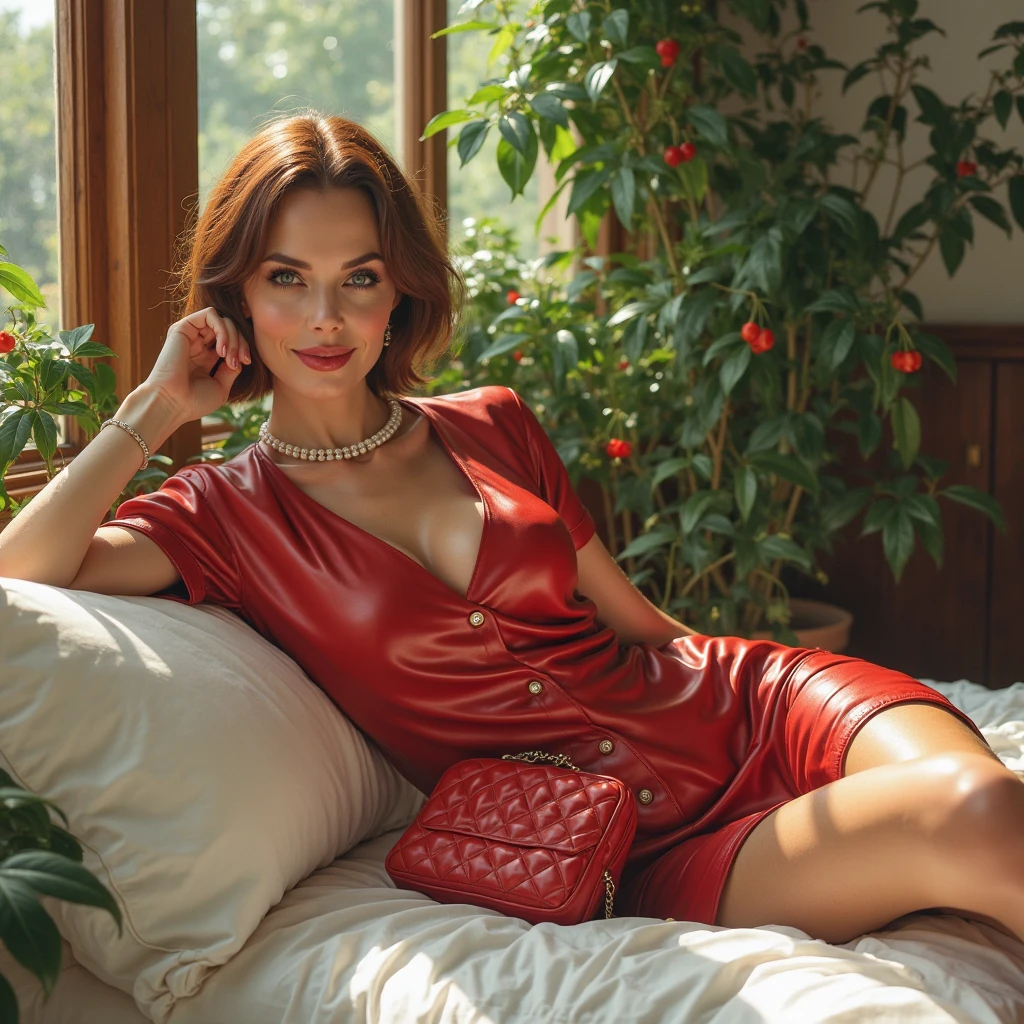 Natalie Portman, tight white cotton pajamas, ((sitting curled up in a red velvet armchair)), pokies, thin and skinny, toned body, smile, bedroom