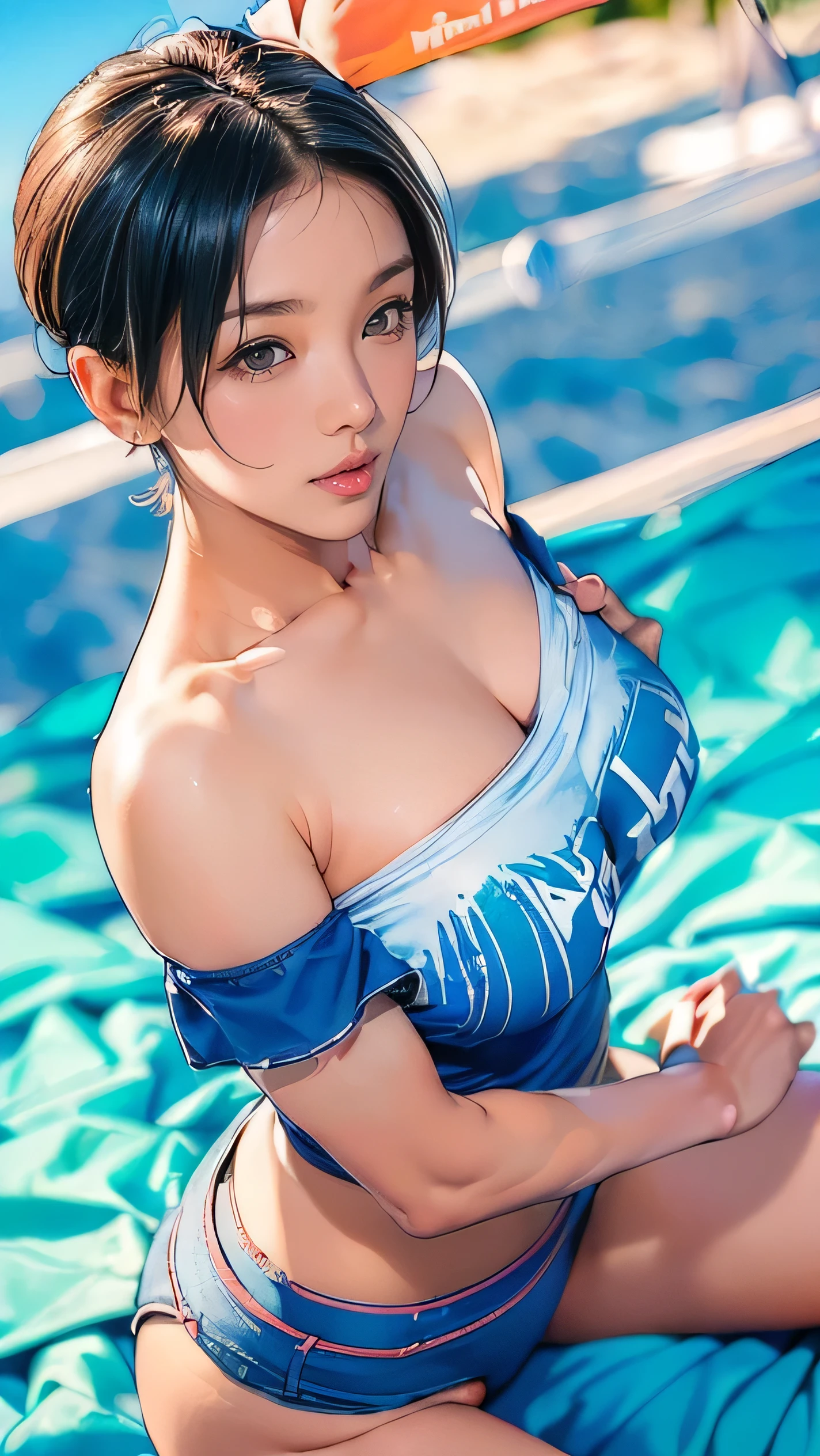 (masterpiece:1.2, Highest quality), (Realistic, photoRealistic:1.4), Beautiful illustrations, (Natural Side Lighting, Cinema Lighting), Browsing Caution, 
View your viewers, Cowboy Shot, 1 girl, Japanese, Idol Sculpture, high school girl, Perfect Face, Cute and symmetrical face, Sunburn, Glowing Skin, thin, 
(short hair:1.2, Side Ponytail:1.2, Blonde), Parted bangs, Golden Eyes, Long eyelashes, (Large Breasts:0.6), 
Beautiful Hair, Beautiful Face, Beautiful attention to detail, Beautiful clavicle, Beautiful body, Beautiful breasts, Beautiful thighs, Beautiful feet, Beautiful fingers, 
((Blue swimsuit), Black choker, Wrist Chakra), 
(Beautiful views), Tropical beach, (Cute smile, Upward glance),