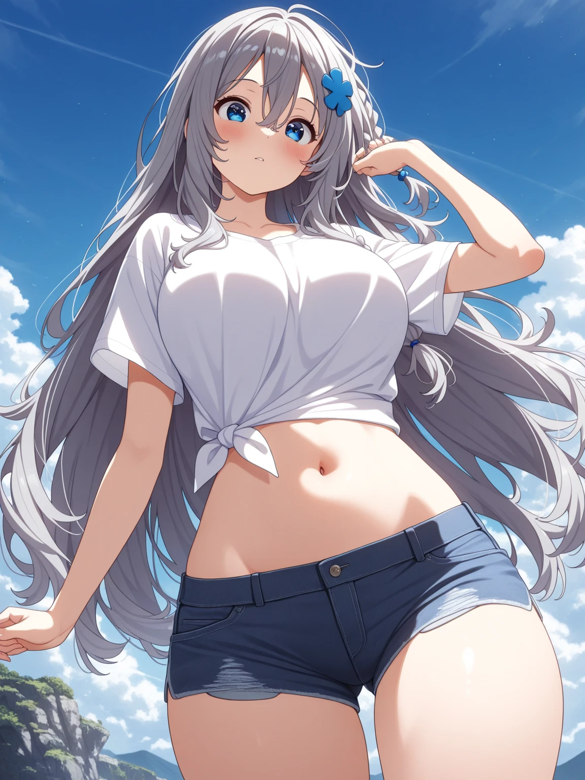 1girl, cute, angel, tight, (armpit), panties, clouds, midriff, long hair, breasts