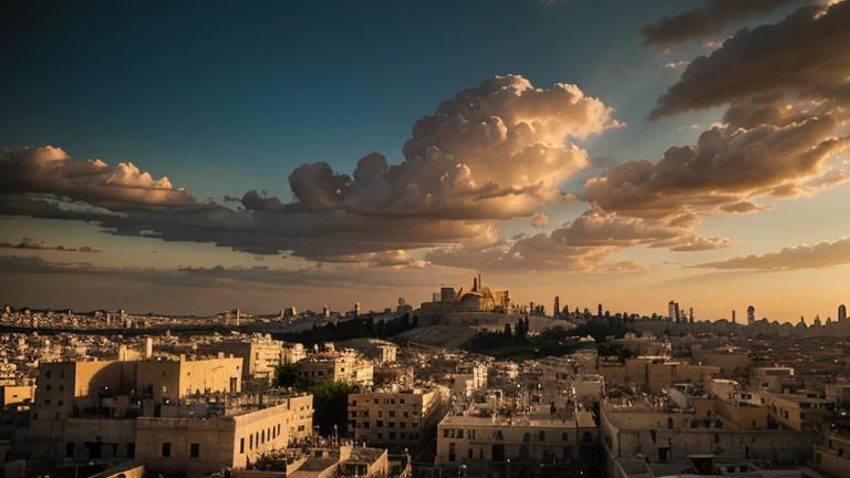 Crie uma imagem convincente que ilustre um momento triunfante para o povo palestino em Al Aqsa, With a lone hero emerging victorious. The scene is meant to be set during a dramatic sunset, with a turbulent sky full of billowing clouds, Capturing the Intensity and Meaning of Victory.