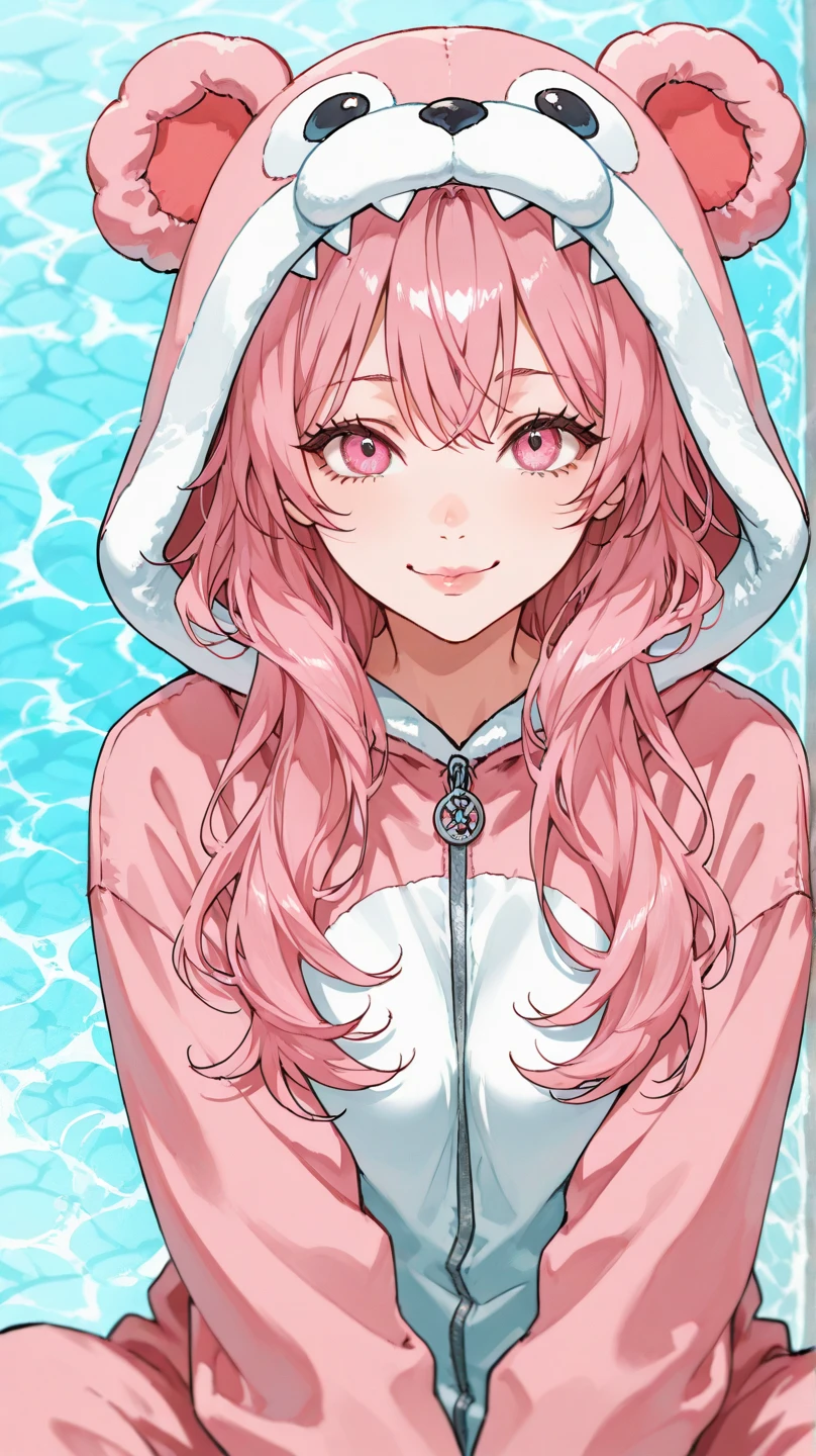 Above angle,Female Pink Long hair,pink eyes,Lips,Animal costume,she Sitting On the small boat,Iceream and cake,Smile,Paradise background,Vapor,Cyan water
