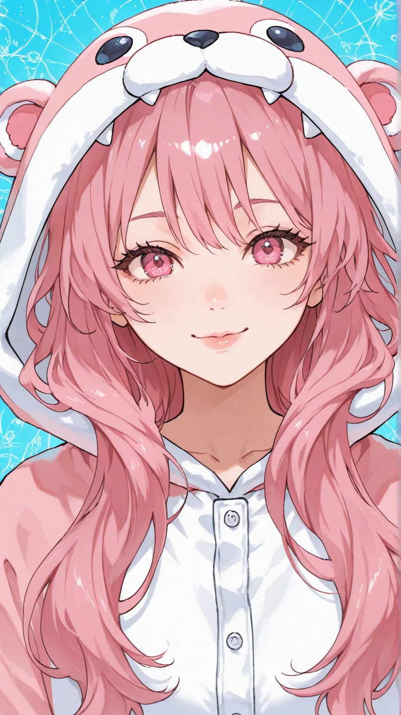 Above angle,Female Pink Long hair,pink eyes,Lips,Animal costume,she Sitting On the small boat,Iceream and cake,Smile,Paradise background,Vapor,Cyan water