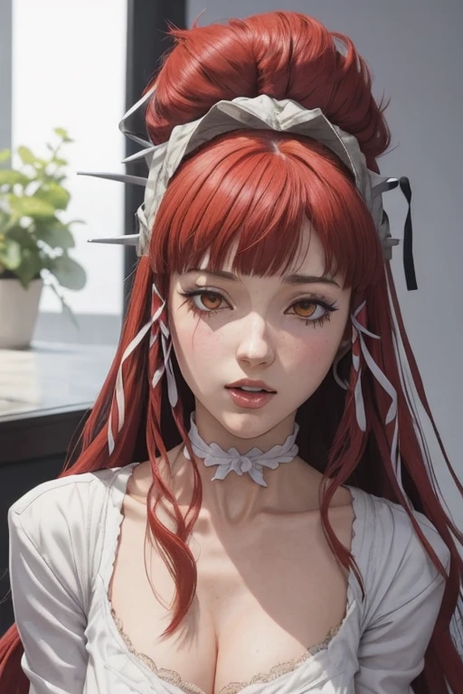 masterpiece, absurdres,(kushina, long hair, hair ornament, red hair, hairclip, (swept bangs:1.5),), 1girl, solo,mature female, (topless), spaghetti strap top,open shirt,high waist short skirt, looking at viewer, (falling petals), perfect composition, detailed lips, (big breast, huge breast:1.3 ), beautiful face, body propotion, blush, soft gaze, super realistic, detailed, photoshoot, realistic face and body, (nsfw:1.3), wet cum:1.2,( close shot:1.2, close), smile,armpit, detached net Sleeves, (plump),