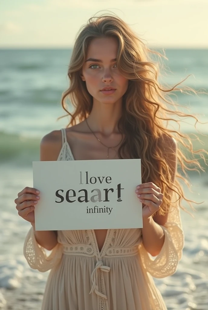 Beautiful girl with wavy long hair, bohemian dress, holding a white board with text "I Love Seaart Infinity" and showing it to the viewer