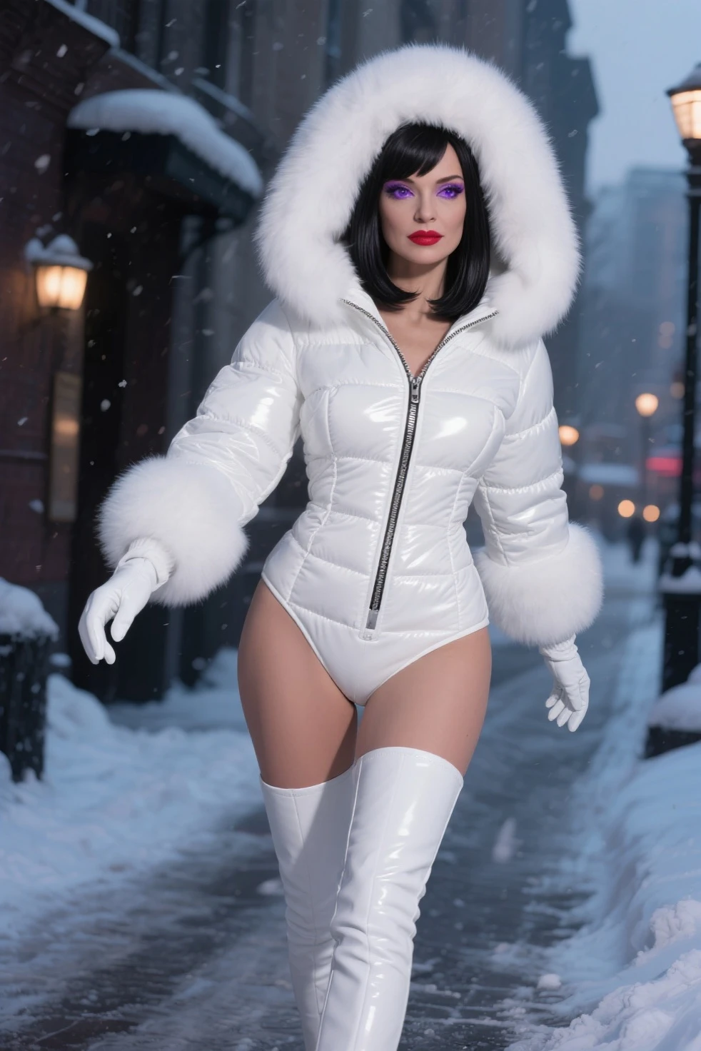 KillerFrost,short dark blue hair, solo, blue eyes, blue lips, blue skin,
KFattire,elbow gloves,thighhighs,fur trim,bridal gauntlets,thighs,boots,detached sleeves,blue leotard,collarbone,
standing, upper body, evil smile, midriff, cleavage, white cape,
ice park, Gotham city, night, snow,
(insanely detailed, beautiful detailed face, masterpiece, best quality)