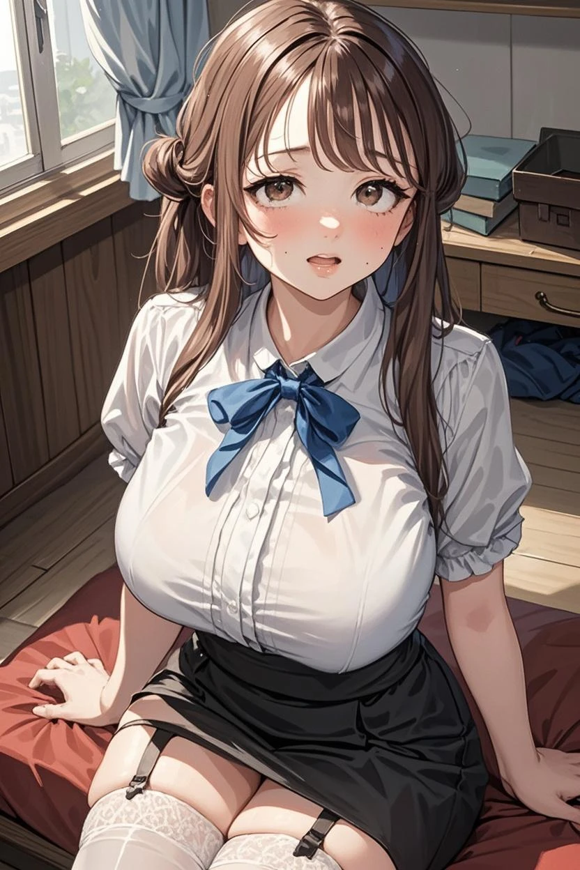 anime, girl, big breasts, Long light brown hair., light brown eyes, Wear a dress., Smooth white skin, Looks very cute, Gentle and neat personality, Shy, size, Real Lifestyle, sweet smile, Tied up hair, yawned