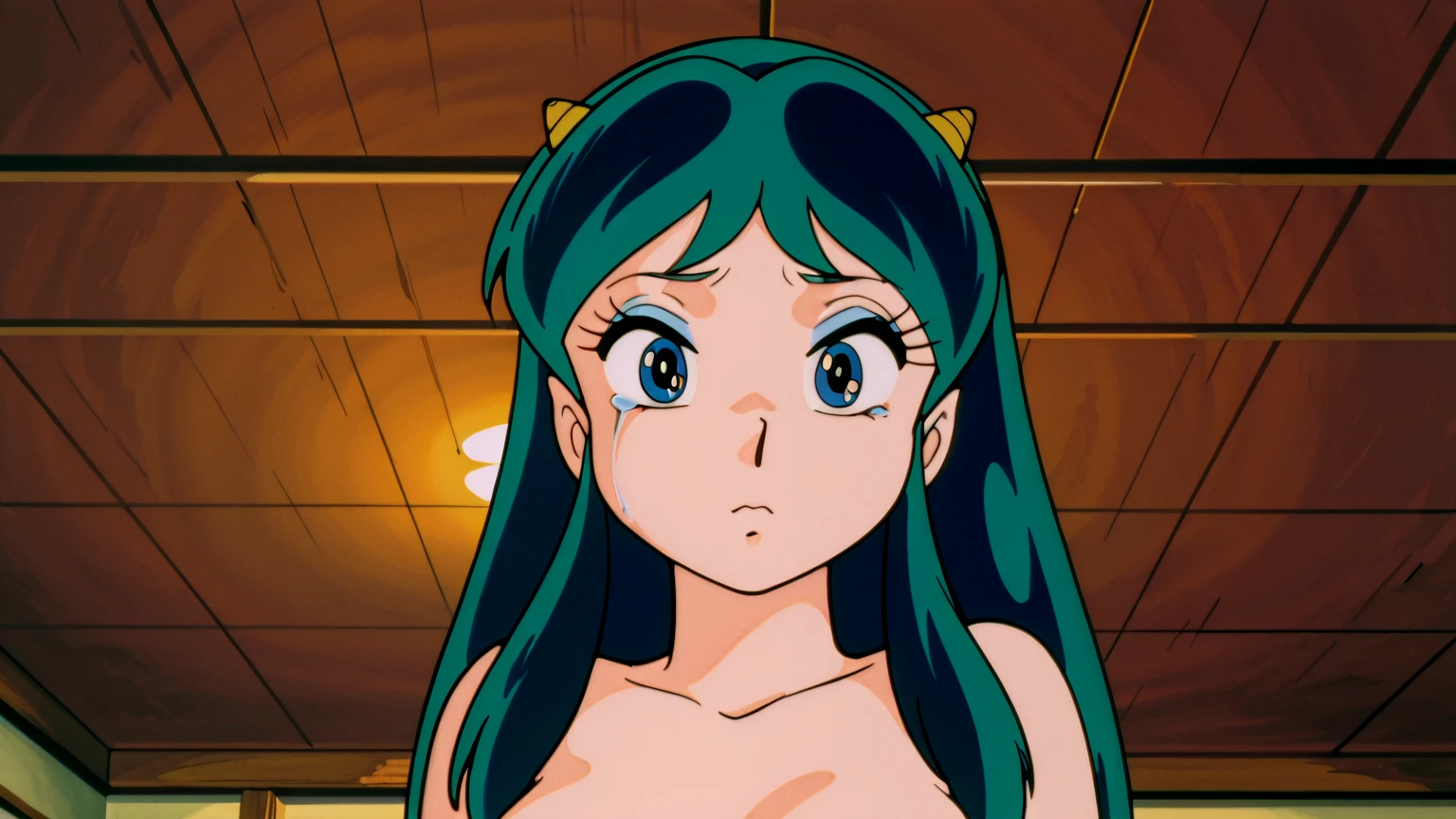 NSFW, masterpiece, (best quality: 1.2), long hair, blue eyes, green hair, worns, big breasts, evil_smile, sexy, ((NURSE)), red lipstick, fishnet stocking, cum shot, showing breasts, ((seducing a boy: 1.5))