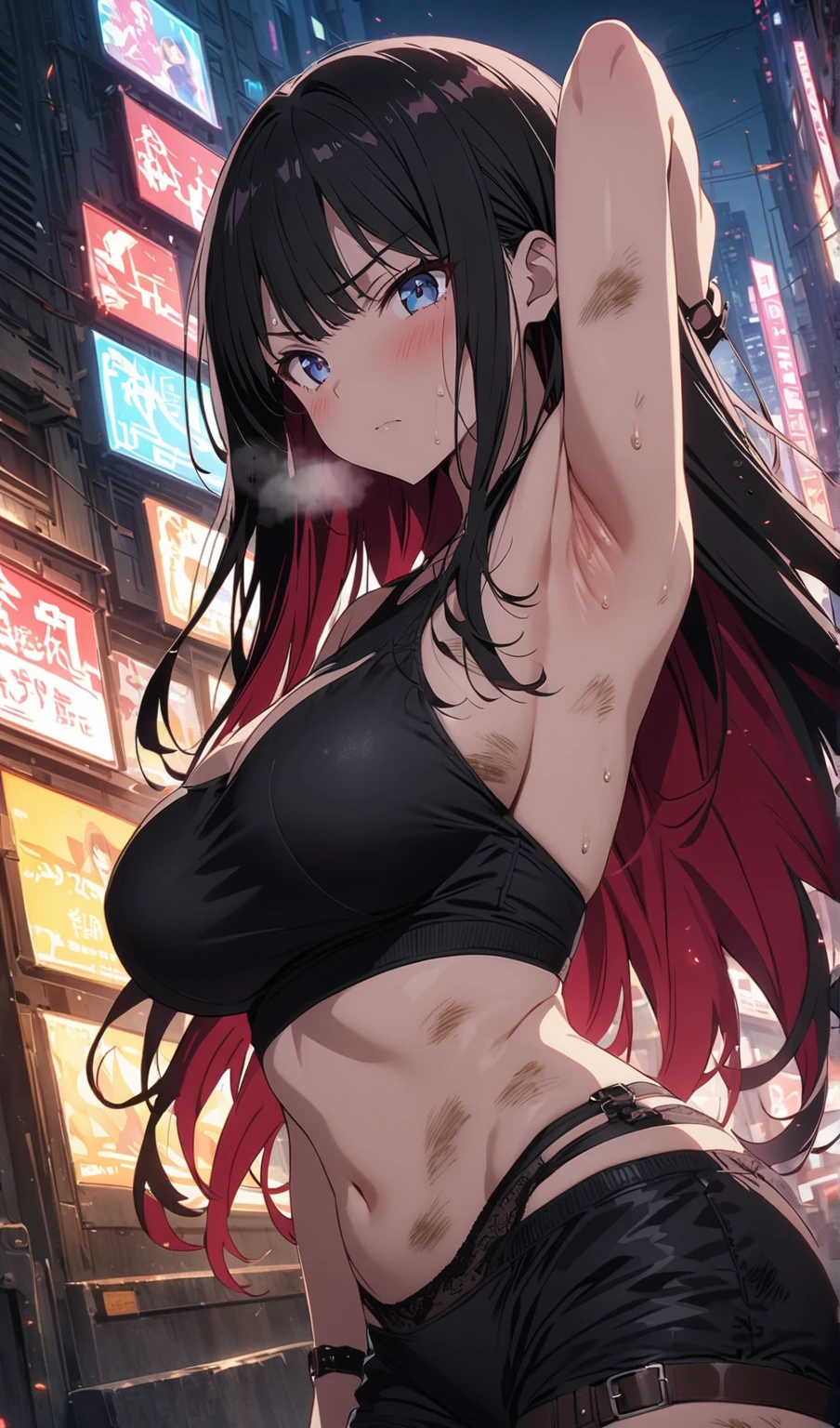In crowd, urban street, blue sky, cyberpunk city background, daytime, Shibuya intersection, stood, very long hair, golden hair, red_eyes, bangs, straight hair, looking down at the viewer, big full body, crazy eyes, insane, wide open eyes, glowing eyes, shiny lips, blush, satisfying expression, sexually aroused, obsessive expression, crazy expression, adult, dazed face , girls in underwear ,, solo, sensational face, sloppy look, evil smile, crazy smile, bewitching face, blush, black bra, black panties, estrus, sexy look, open legs, yandere face, ahe face, mouth open, naughty look, woman wearing only underwear, crazy smile, blushing face, blushing cheeks, delicate contour line illustration, thin line illustration, lace underwear, radical underwear, sheer underwear, brown skin, brown skin, irritating pose, dark skin, open legs, dark skin
