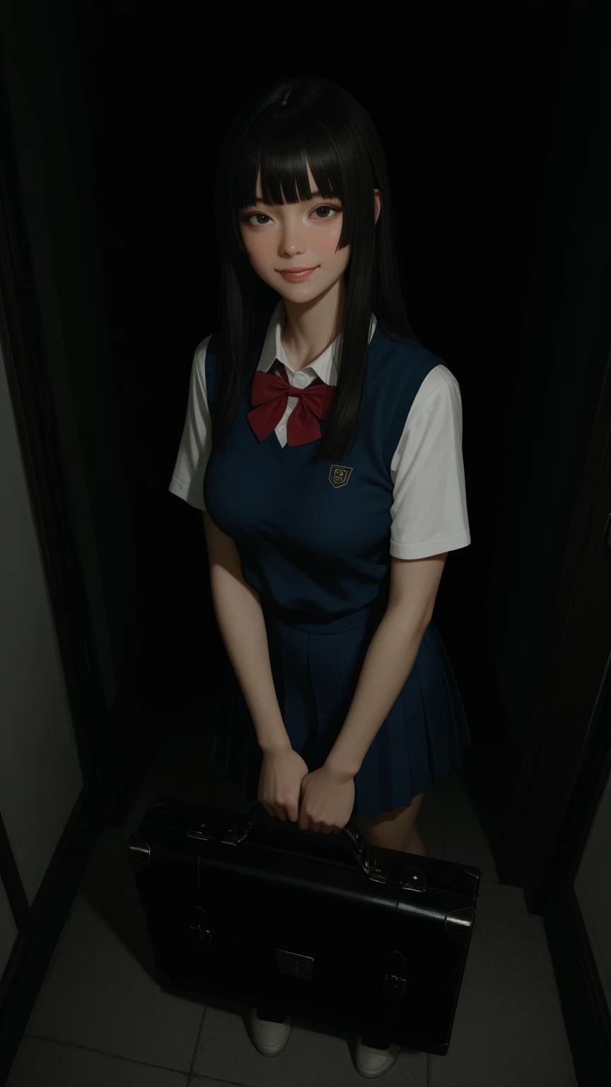 A cute girl is confined and tied up、A room with the lights on at night、Blue semi-long skirt、Red short sleeve shirt、Are standing、Beauty、Age 25、Medium build、Outside the window is night、Like a photograph、