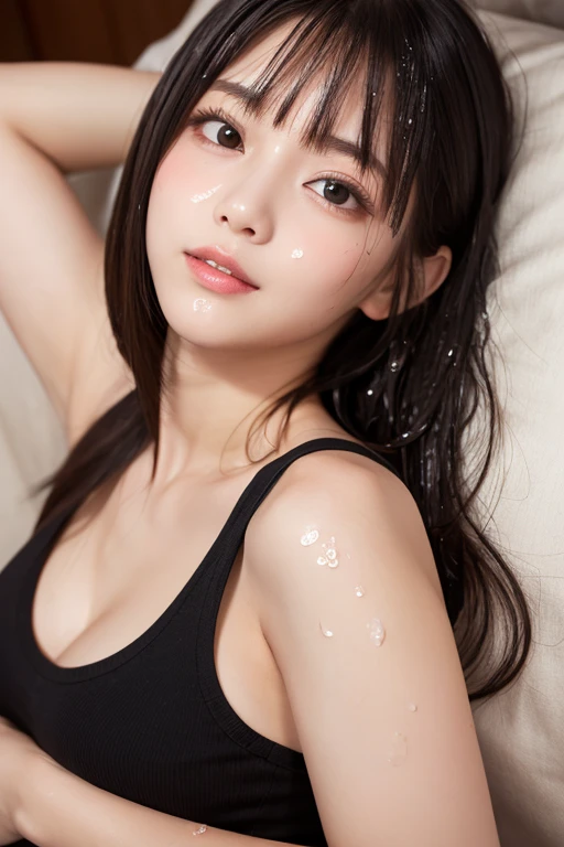 triangle-bikini,(open mouth:1.5),(tongue out:2),lying,hand on own chin,finger to own mouth,overhead shot,front view,face focus,(1girl,Beautiful 14 year old girl,teenager),((Slender,Small breasts,Small face,)),(looking at viewer),Black Hair,bangs,straight,Beautiful and detailed,(Dimly lit room:1.5),White bed,pillow,Mischievous smile