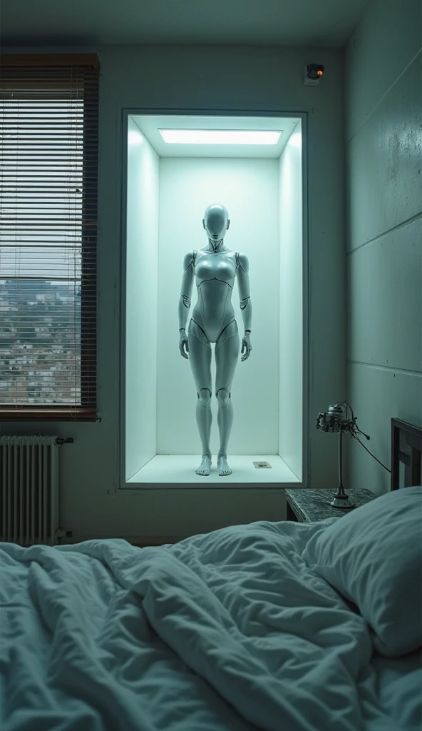 A sex-service android packed in a giant duralumin case、Wearing default shorts and crop top、buffer material、attachment、Expressionless、Skin texture is the same as human、Beautiful, detailed face and eyes that men will love、Beautifully detailed mouth 、Beautifully detailed décolletage、Beautifully detailed large breasts、Beautifully detailed cinched waist、Beautifully detailed navel、Beautifully detailed thighs
