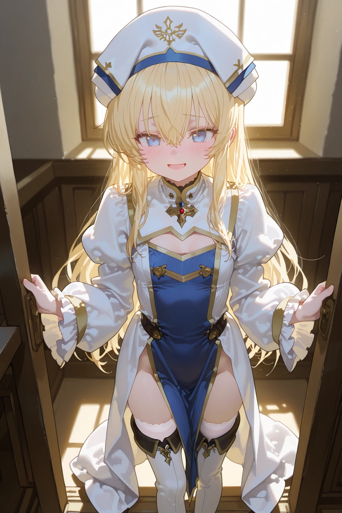 Priestessess, Priestessess, Blonde, blue eyes, Long Hair, Hair between the eyes, (Small breasts:1.0), smile, break boots, dress, Frills袖, Frills, Have, White Hat, Pelvic Curtain, High heels, Robe, Thigh-high boots, Knee socks, white Knee socks, Long sleeve, Puffy sleeves, break looking at viewer, break indoors, church, break (masterpiece:1.0), highest quality, High resolution, unity 8k wallpaper, (figure:0.8), (Beautiful fine details:1.0), Highly detailed face, Perfect lighting, Highly detailed CG, (Perfect hands, Perfect Anatomy),((Soaking wet))、((Wet clothes))、((Wet, see-through clothing))、((Wet clothes that stick to the body))、((Wet clothes that reveal the contours of the body))、((Long Breasts))、((Saggy breasts))