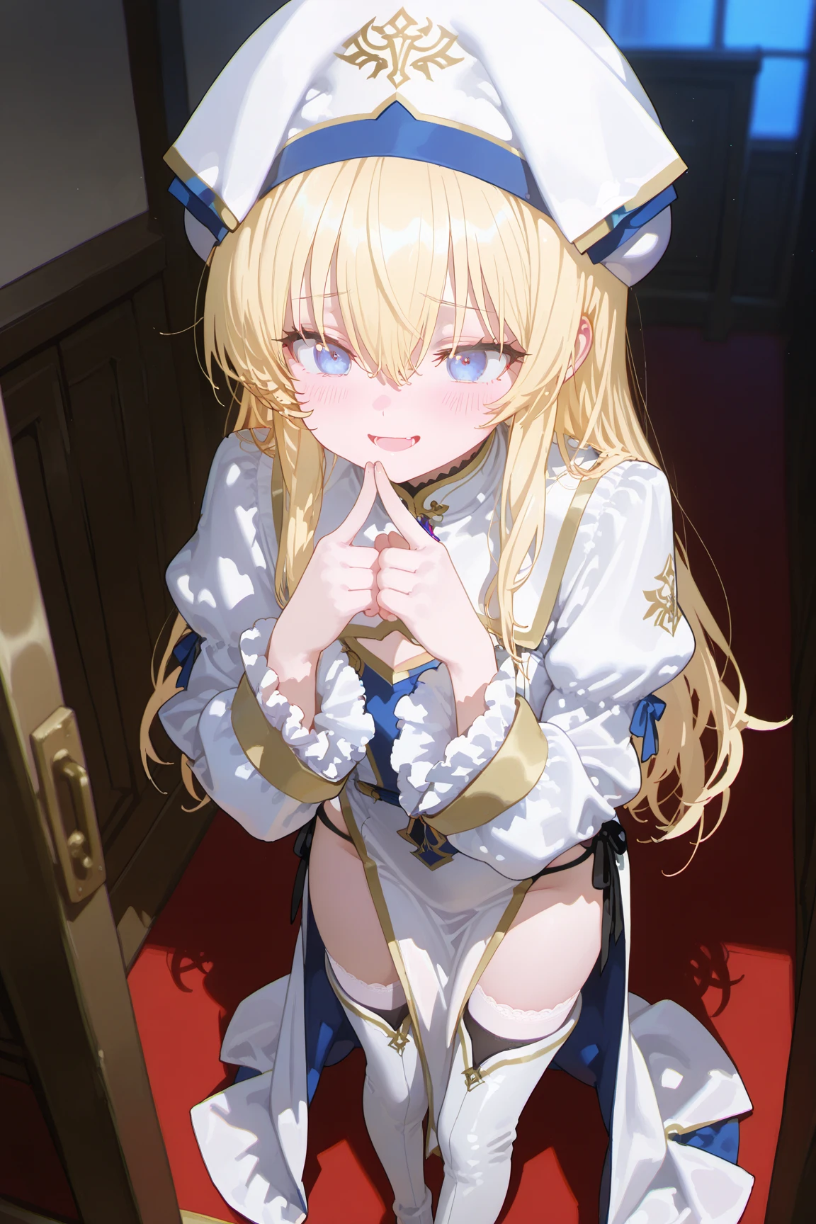 NSFW,((1man with 1woman,Having sex)),on stomach,from behind,Prone,Lying down,bared chest,priestess, blondehair, Blue eyes, Long hair, White hat, White monk uniform,tiny girl,Beautiful breasts,(tiny chest:1.2),Top image quality,masutepiece,Best Quality