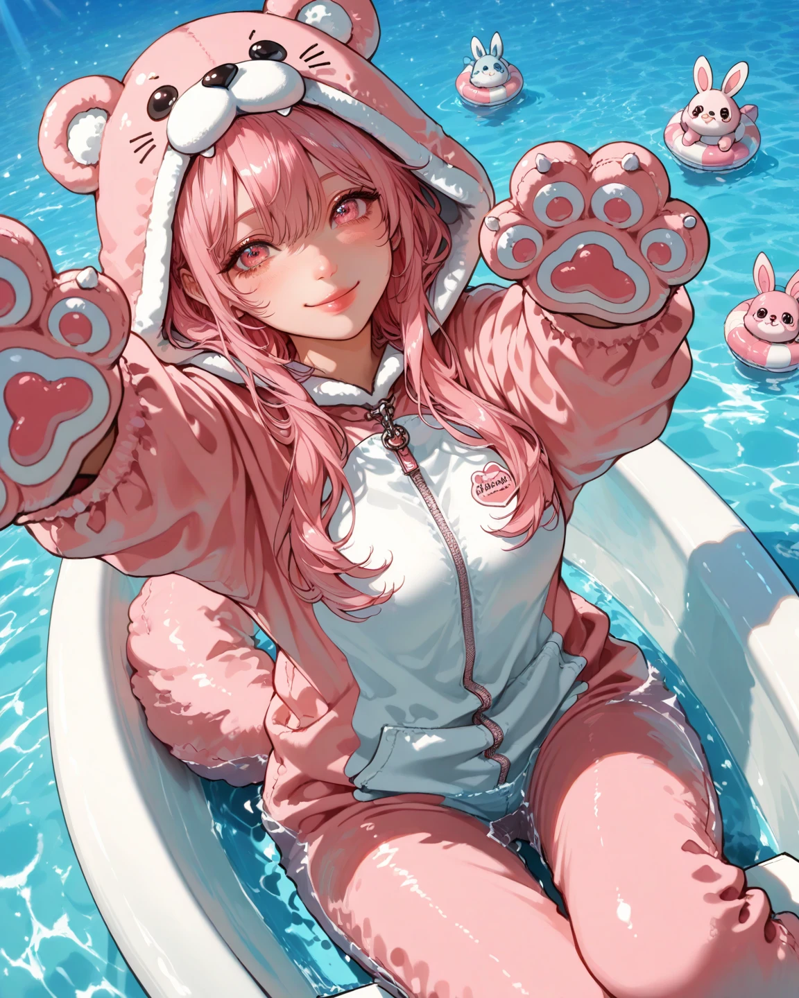Above angle,Female Pink Long hair,pink eyes,Lips,Animal costume,she Sitting On the small boat,Iceream and cake,Smile,Paradise background,Vapor,Cyan water