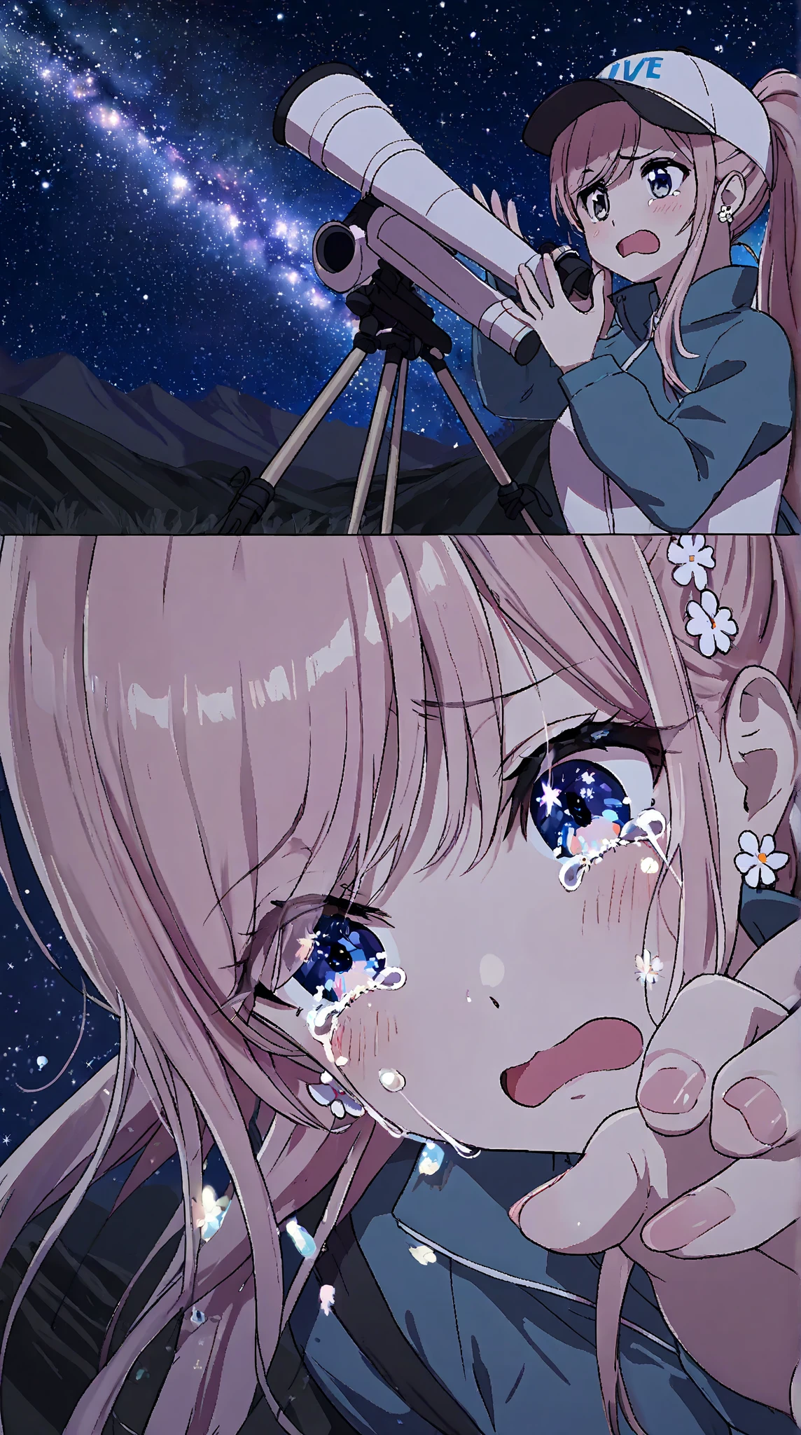 slim curves、A summer night atmosphere 、one woman、Crisp eyelashes 、 light pink hair 、hair fluttering in the wind、Trekking clothes and hat、with arms unexposed、Flower earrings in the earlobe、Small spring flower hair ornament、ponytail、knot、long hair、the Milky Way galaxy spreads out in the background、Cute pins in the bangs、The background is a mountaintop with a starry sky spreading out、((The woman spreads her hands、points a reflecting telescope with an equator at the starry sky、the woman looks into the telescope and is moved and crying、close-up of a woman's expression))、top quality