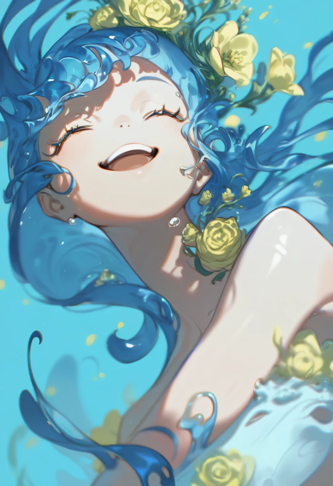 score_9, score_8_up, score_7_up, score_6_up,   1girl, solo, closed eyes, open mouth, flower, smile, long hair, blue background, floating hair, upper body, blue hair, underwater, liquid hair, yellow flower, bare shoulders, bangs