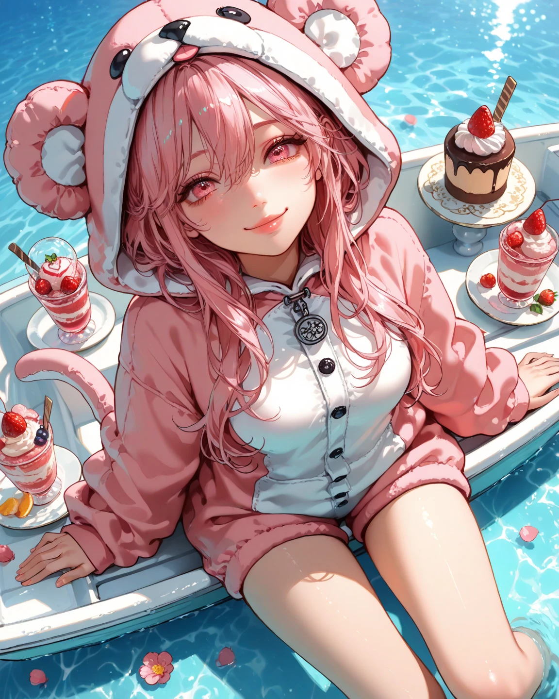 Above angle,Female Pink Long hair,pink eyes,Lips,Animal costume,she Sitting On the small boat,Iceream and cake,Smile,Paradise background,Vapor,Cyan water