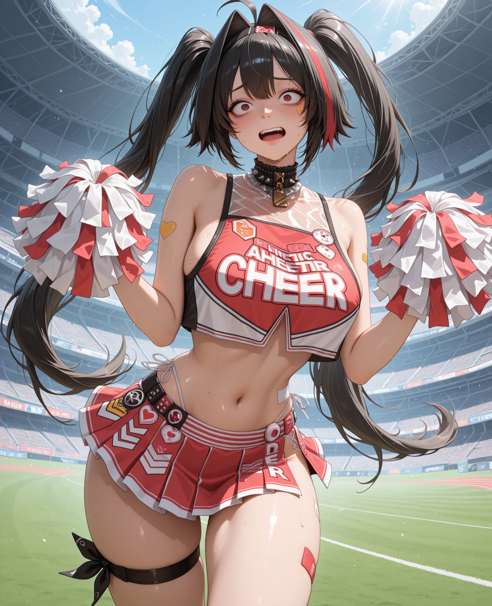 (asura art style:0.7), score_9, score_8_up, score_7_up, score_6_up, uncensored, yor briar, black hair, white hairband, red eyes, sidelocks, BREAK (masterpiece:1.2), best quality, high resolution, (beautiful detailed eyes:1.3), perfect lighting, (perfect hands, perfect anatomy), hearts, pleasured, huge breasts, 1girl, breasts, pom pom \(cheerleading\), cheerleader, solo, skirt, one eye closed, navel, smile, midriff, crop top, open mouth, full body, panties, field, looking at viewer, underwear, white background, pleated skirt, thigh strap, thighs, sandals, sleeveless, arm up, bare shoulders, choker