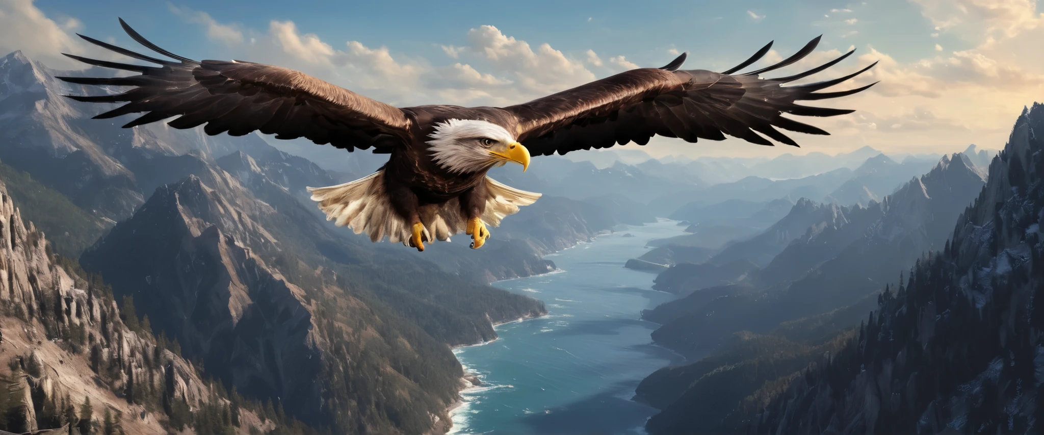 High definition画像で,big eagle의 날개, flying majestically over rugged mountain ranges, American eagle , dynamic, ((( big eagle )))), High definition, Digital Painting, Detailed Image, 4K、rugged mountains and ocean background 。