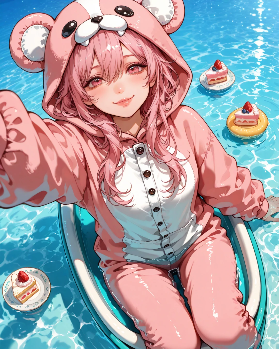 Above angle,Female Pink Long hair,pink eyes,Lips,Animal costume,she Sitting On the small boat,Iceream and cake,Smile,Paradise background,Vapor,Cyan water