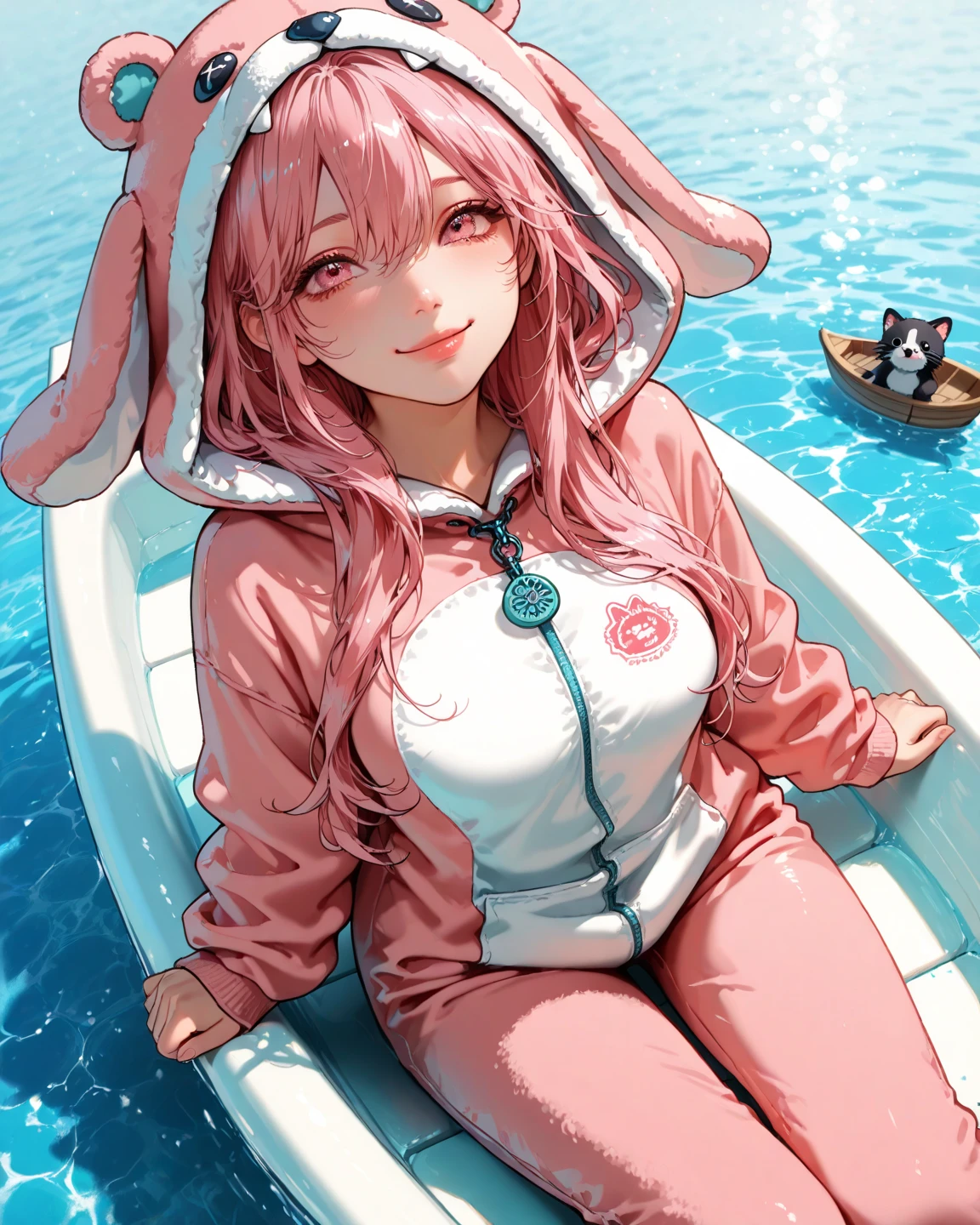 Above angle,Female Pink Long hair,pink eyes,Lips,Animal costume,she Sitting On the small boat,Iceream and cake,Smile,Paradise background,Vapor,Cyan water