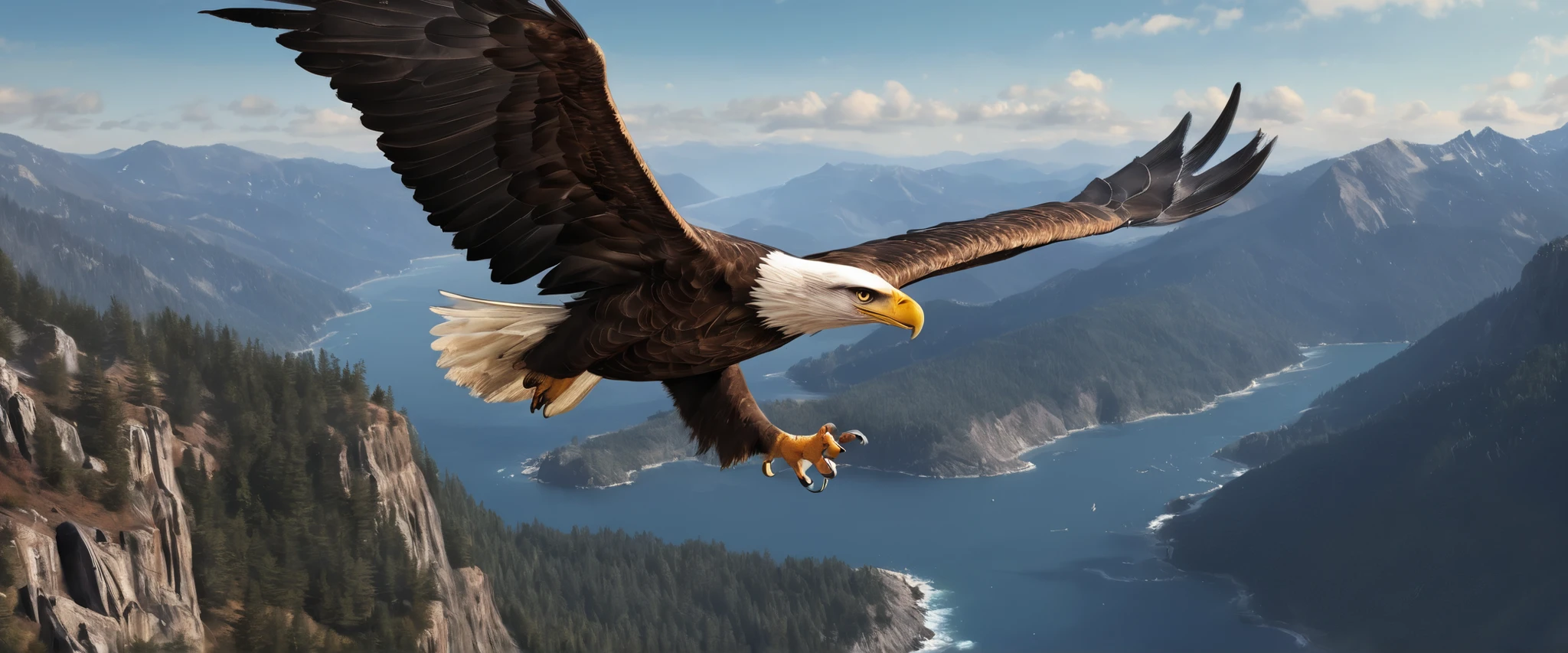 High definition画像で,big eagle의 날개, flying majestically over rugged mountain ranges, American eagle , dynamic, ((( big eagle )))), High definition, Digital Painting, Detailed Image, 4K、rugged mountains and ocean background 。