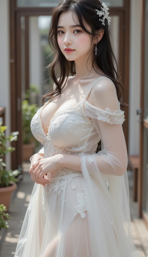 marian rivera、feet、enchanting smile、beautiful face、Because I'm slender、abs:1.4、30 years old、((1 girl、alone))、((whole body))、((huge breasts:1.3))、(K、Raw photo、highest quality、Masterpiece 11.4)、(genuine、photogenuineistic:1.37)、(micro:1.4)、exposed、((diamond necKlace))、earrings、Glamour、white sKin、looK at the audience、(illumination)、dynamic pose、((beautiful eyes)、erotic、HDR、very detailed、ambient occlusion、nature、harmonious composition、fine art photography、beauty、excellent anatomy、exposed details(((long straight hair_Hair reaching down to the waist:1.3))((wearing wedding dress:1.3)),((standing on a windswept rooftop during sunset, overlooking a cityscape:1.3)),